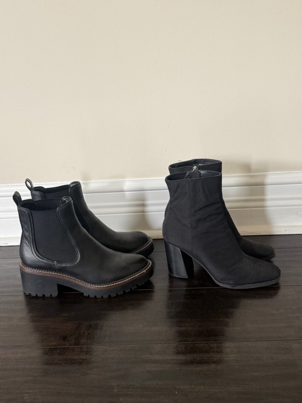Two pairs Nordstrom Black Chelsea Lug Boot & Black Block-Heel Ankle Boot Duo